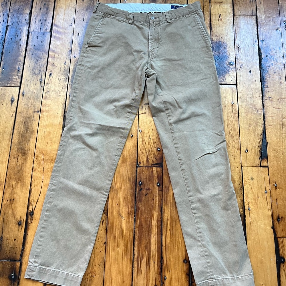 Polo Ralph Lauren 34x34 (Fits 34x32) Tan Chino Pants Khaki Straight Flaw*